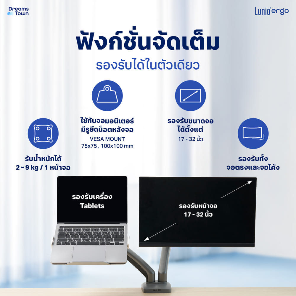 แขนจับจอ LUNIO ERGO MONITOR ARM CYBOT สีเทา 2 แขน หมุนได้360&deg;